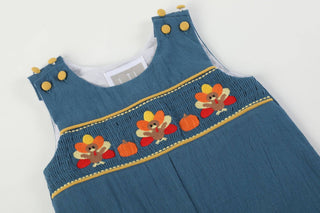 Smocked Cobalt Blue Turkey Overalls