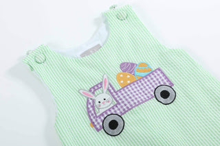 Green Seersucker Bunny Truck Romper