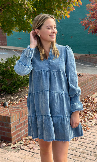 Umgee Corduroy Denim V-Neck Dress