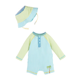 Baby Boy Seersucker Rashguard and Hat Swim Set - Mud Pie