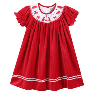 Red Corduroy Christmas Nativity Smocked Bishop Dress