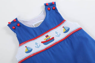 Blue & Red Boats Applique Smocked Romper